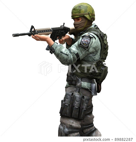 Soldier with a machine gun isolated white background 3d illustration 89882287