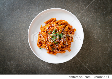 spirali or spiral pasta with tomato sauce spirali or spiral pasta with tomato sauce 89883551