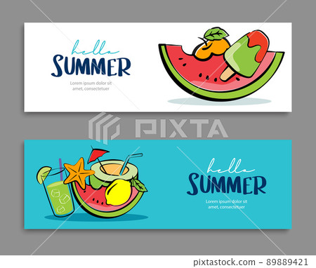 Hello summer banners design hand drawn style. Summer with doodles and objects elements for beach party background. Hello summer banners design hand drawn style. Summer with doodles and objects elements for beach party background. 89889421