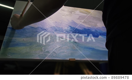 Artist copyist paint seascape with ship in ocean. Craftsman decorator draw as boat sail on blue sea with acrylic oil color. Artist copyist paint seascape with ship in ocean. Craftsman decorator draw as boat sail on blue sea with acrylic oil color. 89889478