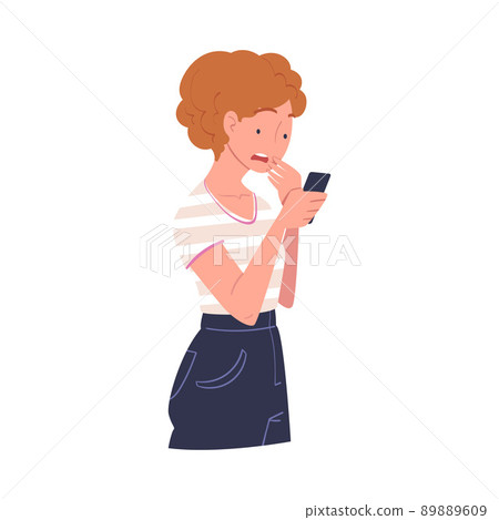 Woman Character with Smartphone Reading Shock Content or News Vector Illustration Woman Character with Smartphone Reading Shock Content or News Vector Illustration 89889609