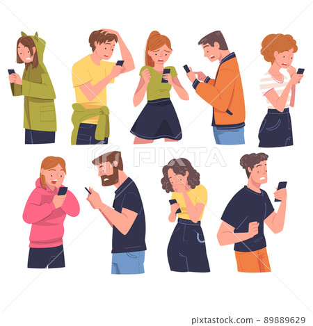 People Character with Gadget Reading Shock Content or News Vector Set 89889629