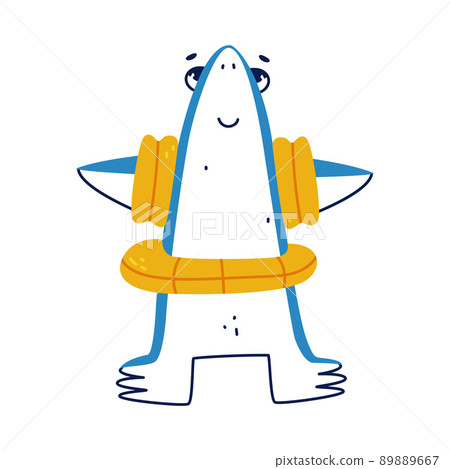 Cute Blue Shark as Sea Animal Wearing Inflatable Armbands and Rubber Ring Vector Illustration 89889667