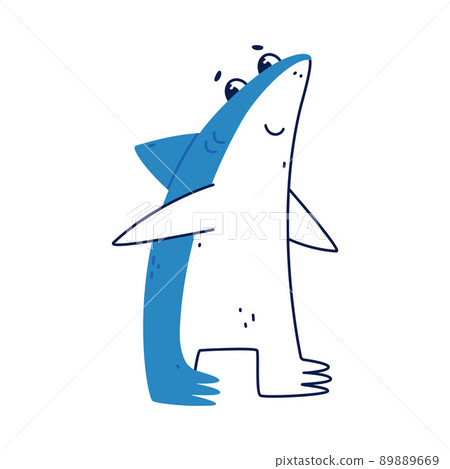 Cute Blue Shark as Sea Animal with Dorsal Fin Standing and Smiling Vector Illustration 89889669