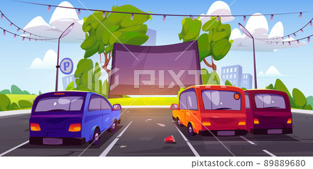 Drive-in movie theater with cars on parking Drive-in movie theater with cars on parking 89889680