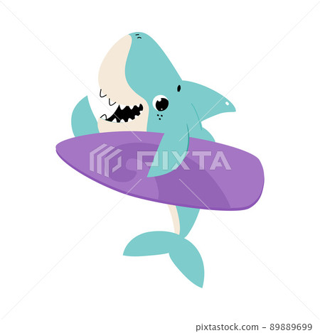 Comic Blue Shark as Marine Animal with Surfboard Smiling and Waving Fin Vector Illustration Comic Blue Shark as Marine Animal with Surfboard Smiling and Waving Fin Vector Illustration 89889699