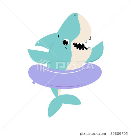 Comic Blue Shark as Marine Animal Floating with Rubber Ring in the Ocean Vector Illustration 89889705