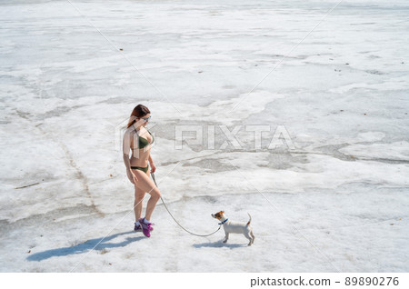 A red-haired woman in a bikini walks with a dog on a snowy beach A red-haired woman in a bikini walks with a dog on a snowy beach 89890276