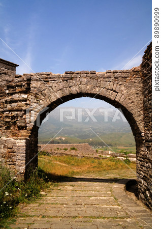 Panoramic view to Gjirokastra castle with the arch , Gjirokaster, Albania 89890999