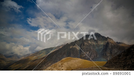 Panoramic view to Barskoon pass, river and gorge and Sarymoynak pass, Jeti-Oguz, Kyrgyzstan 89891001