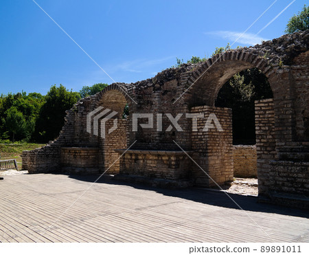 Panoramic view to agora and theatre ruins of ancient town of Butrint , Sarande, Albania Panoramic view to agora and theatre ruins of ancient town of Butrint , Sarande, Albania 89891011