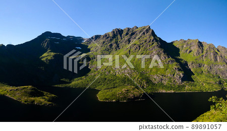 Landscape with Agvatnet lake near A village, Moskenesoya, Lofoten, Norway Landscape with Agvatnet lake near A village, Moskenesoya, Lofoten, Norway 89891057