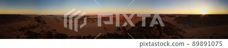 Aerial sunrise Panoramic view to Yoa lake group of Ounianga kebir lakes at the Ennedi, Chad 89891075