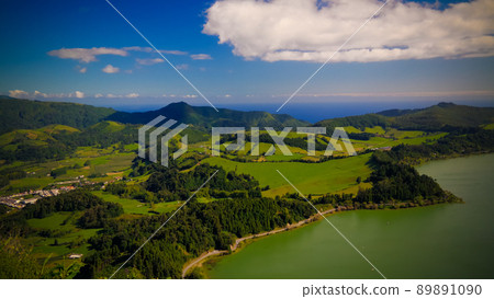 Aerial view to Furnas lake, Sao Migel, Azores, Portugal 89891090