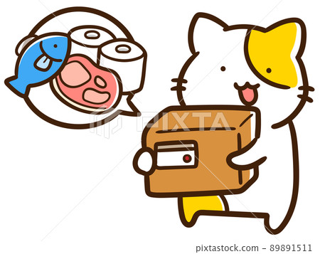 Handwritten style illustration of a cute cat carrying cardboard for food and everyday items 89891511