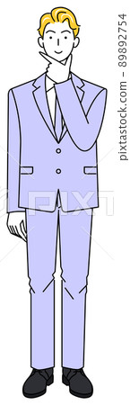 A cute man in a suit who is positively thinking about a decision Full body standing illustration vector A cute man in a suit who is positively thinking about a decision Full body standing illustration vector 89892754