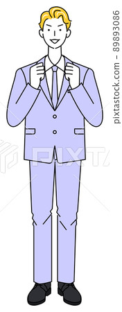 一個穿著西裝、微笑和謙虛的戰鬥姿勢的可愛男人全身站立插圖矢量 89893086