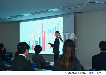 Woman giving a presentation on a projector Woman giving a presentation on a projector 89893255