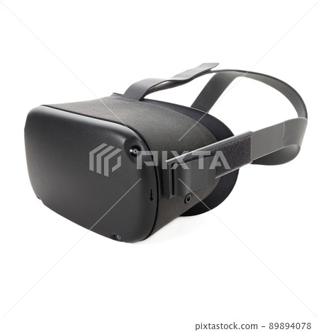 Close-up of VR glasses with four cameras on the edges isolated on a white background. Side view. Virtual reality helmet for gaming, entertainment and learning. Close-up of VR glasses with four cameras on the edges isolated on a white background. Side view. Virtual reality helmet for gaming, entertainment and learning. 89894078