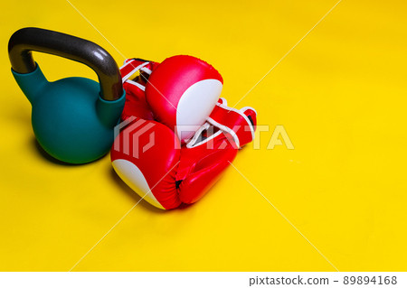 Space box yellow kettlebell red lue isolated background object, from bodybuilding gym from power and athletic white, competitive protection. Sportswear fighter boxer, Space box yellow kettlebell red lue isolated background object, from bodybuilding gym from power and athletic white, competitive protection. Sportswear fighter boxer, 89894168