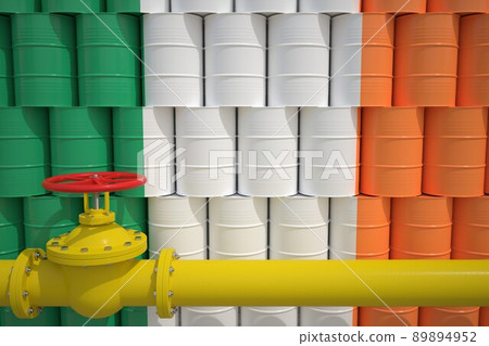 Gas pipe and barrels with petrochemicals with flag of Ireland. Petroleum industry related 3d rendering 89894952