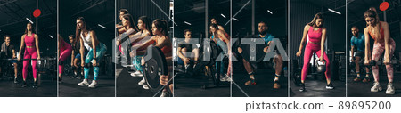 Collage, set of images of group of young friends doing sports, training at gym indoors. Concept of sport, healthy and active lifestyle. Collage, set of images of group of young friends doing sports, training at gym indoors. Concept of sport, healthy and active lifestyle. 89895200