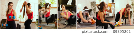Collage. Young beautiful sportive girl doing exercises with sport equipment at home, indoors. Concept of sport, fitness, aerobic, sporty lifestyle. Collage. Young beautiful sportive girl doing exercises with sport equipment at home, indoors. Concept of sport, fitness, aerobic, sporty lifestyle. 89895201