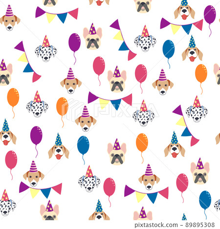 Happy birthday seamless pattern with cartoon dogs of the Dalmatian, Bulldog, Terrier, Corgi breed. Birthday gifts, balloons, sweets and party hats. Happy birthday seamless pattern with cartoon dogs of the Dalmatian, Bulldog, Terrier, Corgi breed. Birthday gifts, balloons, sweets and party hats. 89895308