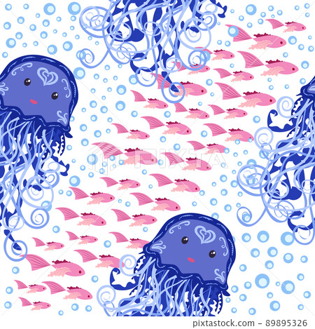 Jellyfish animals bright seamless patterns. Seamless pattern with detailed jellyfish. cute hand drawn fishes and jellyfishes in doodle style. Trendy nursery background. 89895326