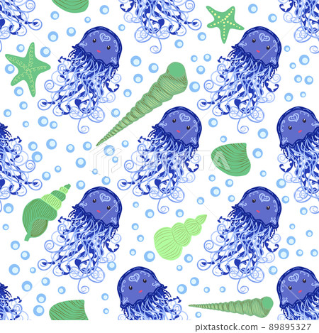 Jellyfish animals bright seamless patterns. Seamless pattern with detailed jellyfish. cute hand drawn fishes and jellyfishes in doodle style. Trendy nursery background. Jellyfish animals bright seamless patterns. Seamless pattern with detailed jellyfish. cute hand drawn fishes and jellyfishes in doodle style. Trendy nursery background. 89895327