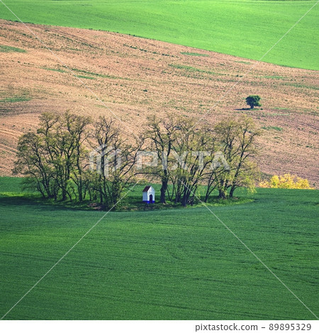 Beautiful landscape with spring nature. Chapel of St. Barbara. South Moravia - Moravian Tuscany - Czech Republic Europe.. Beautiful landscape with spring nature. Chapel of St. Barbara. South Moravia - Moravian Tuscany - Czech Republic Europe.. 89895329