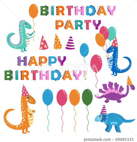 set of Birthday party elements with funny dinosaurs. Dinosaurs celebrate their birthday with gifts and sweets. Happy Birthday 89895335