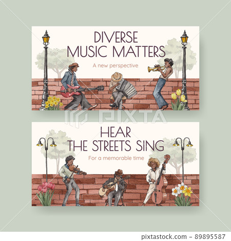 Twitter template with diverse music on street concept,watercolor style 89895587