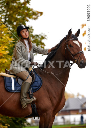 Portrait of a pretty young woman with a brown horse riding autumn day Portrait of a pretty young woman with a brown horse riding autumn day 89895991