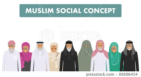 Family and social concept. Group old muslim people standing together in different traditional islamic clothes on white background in flat style. Arab man and woman. Vector illustration. 89896454