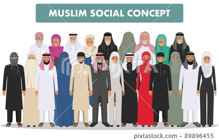 Family and social concept. Arab person generations at different ages. Group adults and senior muslim people standing together in different traditional islamic clothes n flat style. Family and social concept. Arab person generations at different ages. Group adults and senior muslim people standing together in different traditional islamic clothes n flat style. 89896455