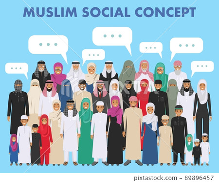 Family and social concept. Arab person generations at different ages. Group young and old muslim people standing together in different traditional islamic clothes on white background in flat style. 89896457