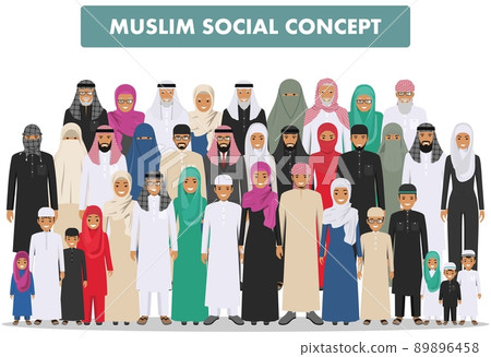 Family and social concept. Arab person generations at different ages. Group young and old muslim people standing together in different traditional islamic clothes on white background in flat style. Family and social concept. Arab person generations at different ages. Group young and old muslim people standing together in different traditional islamic clothes on white background in flat style. 89896458