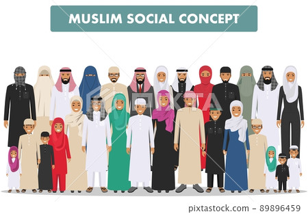 Family and social concept. Arab person generations at different ages. Group young and adults muslim people standing together in different traditional islamic clothes on white background in flat style. Family and social concept. Arab person generations at different ages. Group young and adults muslim people standing together in different traditional islamic clothes on white background in flat style. 89896459