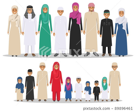 Family and social concept. Group muslim arabian children standing together in row in different traditional islamic clothes on white background in flat style. Arabic young people. Vector illustration. Family and social concept. Group muslim arabian children standing together in row in different traditional islamic clothes on white background in flat style. Arabic young people. Vector illustration. 89896461