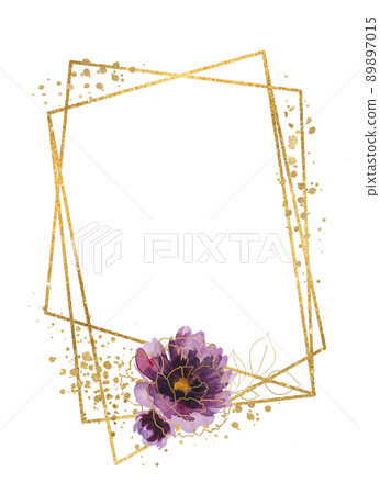 Geometric golden frame with Watercolor Purple and golden peonies flowers illustration Geometric golden frame with Watercolor Purple and golden peonies flowers illustration 89897015
