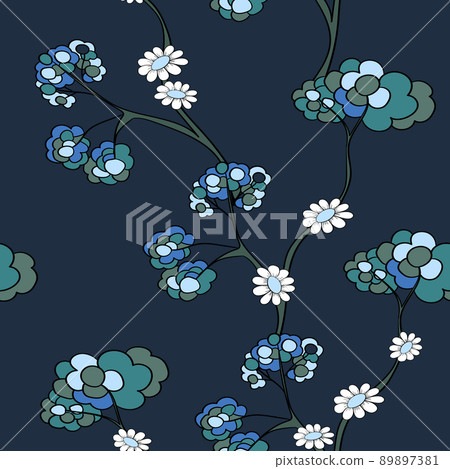 Seamless floral pattern based on traditional folk art ornaments. Colorful chamomile, daisy flowers on color background. Doodle style. Vector illustration. Simple minimalistic pattern Seamless floral pattern based on traditional folk art ornaments. Colorful chamomile, daisy flowers on color background. Doodle style. Vector illustration. Simple minimalistic pattern 89897381