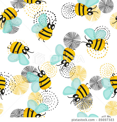 Seamless pattern with bees on floral background. Small wasp. Vector illustration. Adorable cartoon character. Template design for invitation, cards, textile, fabric. Doodle style 89897383