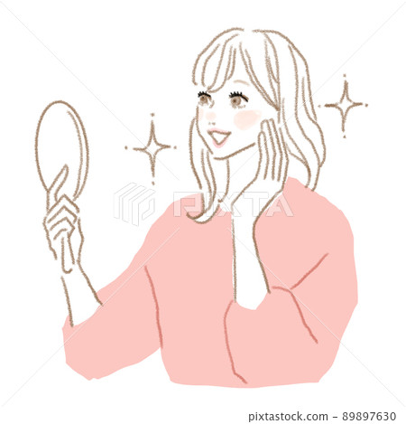 A woman looking in the mirror is happy that her skin is clean 89897630