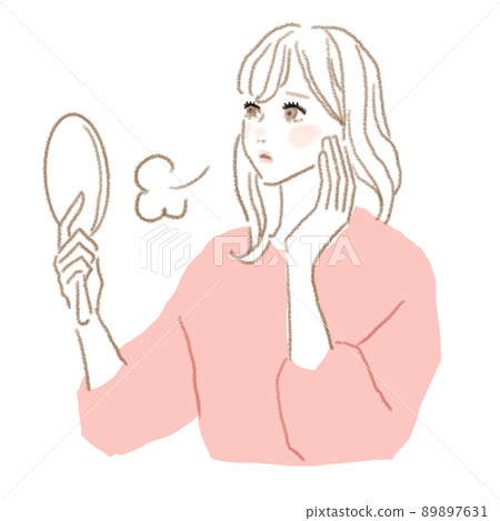 A woman looking in the mirror is depressed due to skin problems 89897631