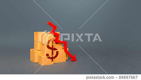 Boxes with dollar symbol and down arrow. Decrease in stocks of products. The fall in the production of goods. Worsening trade. Embargo, sanctions. Low consumption. Economic slowdown. Price reduction Boxes with dollar symbol and down arrow. Decrease in stocks of products. The fall in the production of goods. Worsening trade. Embargo, sanctions. Low consumption. Economic slowdown. Price reduction 89897867