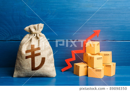 Turkish lira money bag with boxes and up arrow. Good consumer sentiment and demand for goods. High sales. Production rise. Growing transportation prices. Income increase, growing economy. 89898350