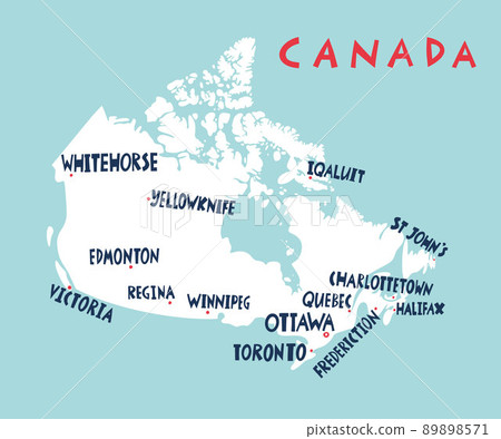 Vector hand drawn stylized map of Canadian cities. Canada travel illustration. North America map Vector hand drawn stylized map of Canadian cities. Canada travel illustration. North America map 89898571