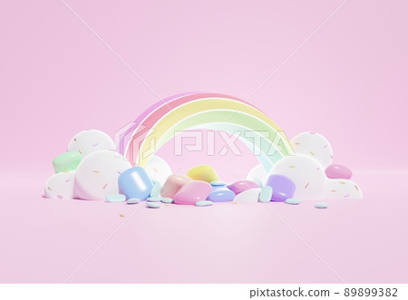 3D rendering of colorful pastel clouds and rainbow with empty space for kids or baby products. Sweet candy background. 3D rendering of colorful pastel clouds and rainbow with empty space for kids or baby products. Sweet candy background. 89899382