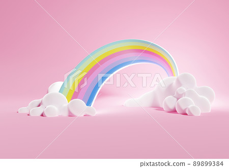 3D rendering of colorful pastel clouds and rainbow with empty space for kids or baby products. 3D rendering of colorful pastel clouds and rainbow with empty space for kids or baby products. 89899384